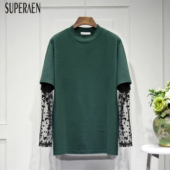 

SuperAen Round Neck Mesh Stitching Velvet T Shirts Women 2020 Spring New Wild Ladies T Shirts Fashion Casual Women Tops