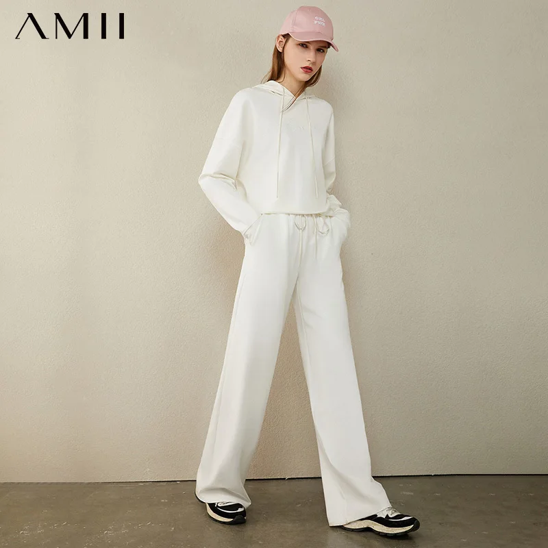 

AMII Minimalism Autumn Causal Women Hoodies Set Embroidery Hooded Loose Sweater Hoodies Solid ElasticWaist Female Pants 12040389