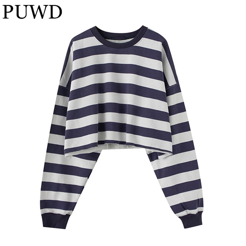 

PUWD Oversize Women Striped Sweatshirt Fleece O Neck Loose Ladies Casual Pullover 2022 Autumn Fashion Soft Cotton Girls Chic Top