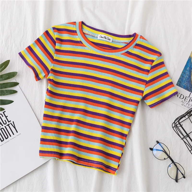 Neue T Shirt Frauen Regenbogen Gestreiften Tops Slim Fit t-shirt Harajuku T-shirt Sommer Kurzarm Koreanische T-shirt feminina Kleidung Tops – Detail 5