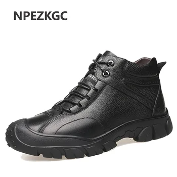 

Fashion Men Boots High Quality Split 100% genuine Leather Ankle Snow Boots Warm Fur Men's Shoes Plush Winter Driving Flat Shoes