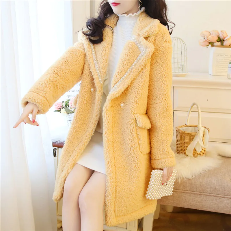yellow SWEETXUE, розовое, плюшевое женское длинное зимнее пальто, женское, свободное, средней длины, Женское пальто из искусственного меха ягненка, куртка, Женское пальто - Цвет: yellow