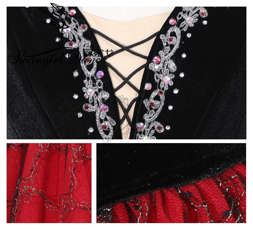 半袖プロフェッショナルバレエ衣装黒赤バレエチュチュロング