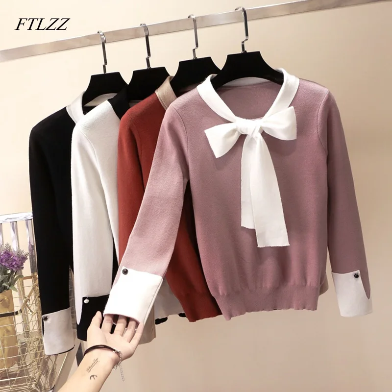 

FTLZZ Women Knitted Sweater Tops Knotted Decoration Bowtie Cute Butterfly Collar Short Style Slim Tops Lady Office Wear Sweater
