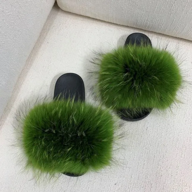 

2020 Real Fox Fur Slides Summer Cute Fluffy Wholesale Bulk Raccoon Fox Slippers Natural Fashion Beach Flats Women Furry Slippers