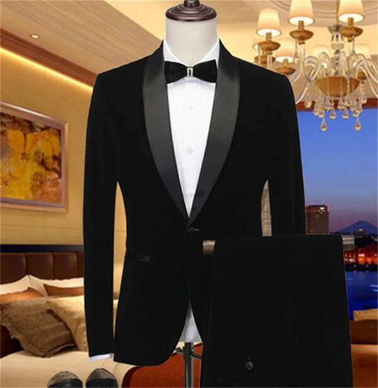 Черный бархатный мужской костюм шаль лацкан s Slim Fit 2 шт (куртка + брюки) для свадьбы