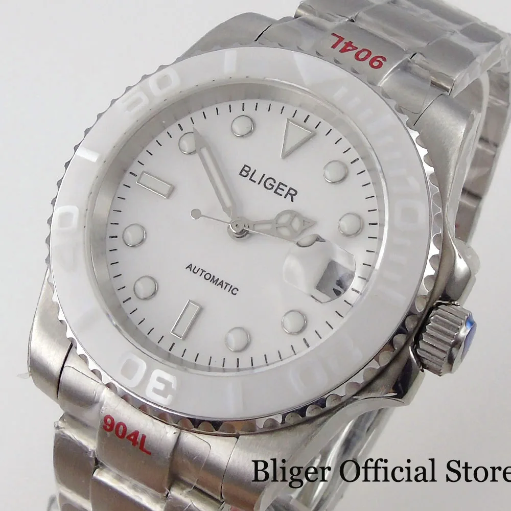 

BLIGER 40mm White Mechanical Men Watch NH35A MIYOTA 8215 PT5000 Brushed Oyster Strap Slide Adjustable Clasp Luminous Marks