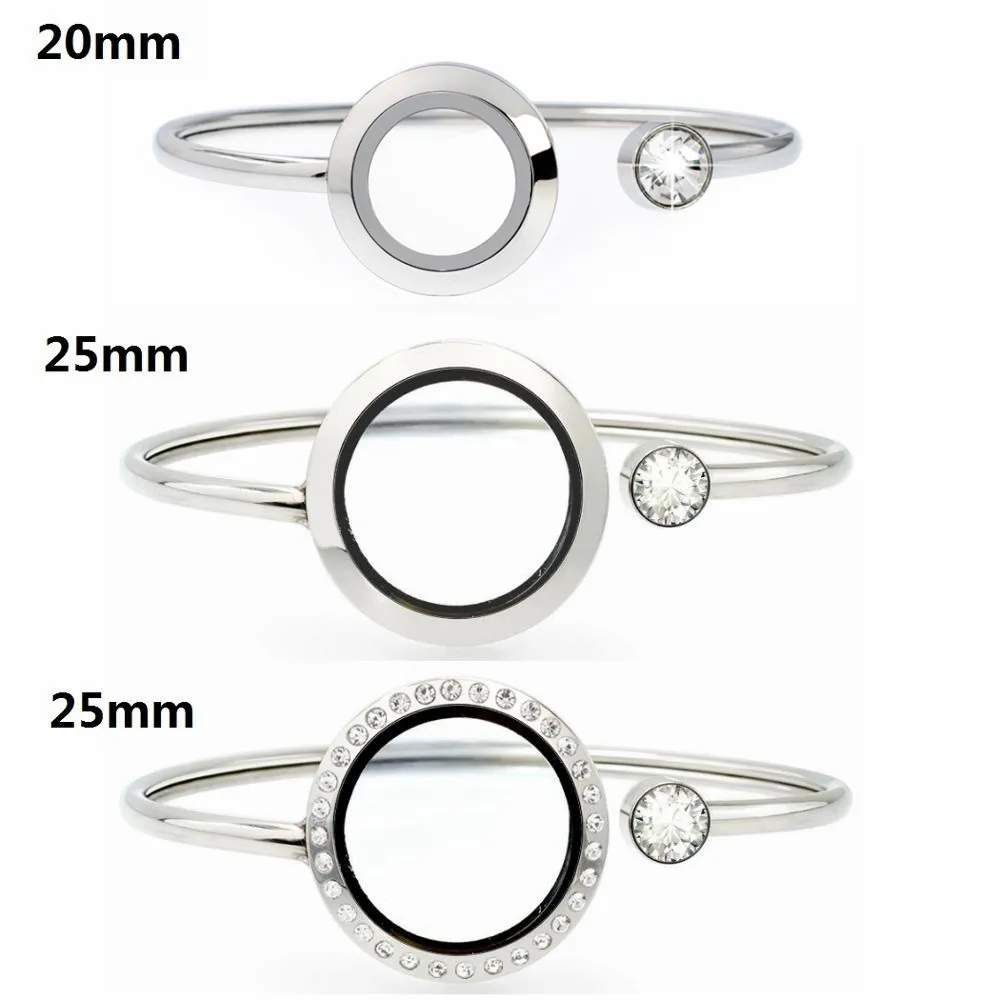 

10pcs 316L Stainless Steel 20mm/25mm Silver Color Floating Lockets Living Memory Locket Bracelet Bangles Free 20pcs charms