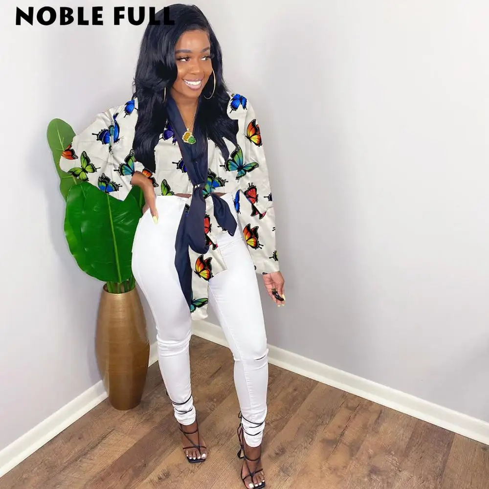 

Butterfly Print Tie Bow Short Cloak Top Casual Patchwork Long Sleeve Loose Lace Up Short Coat Women Clothing