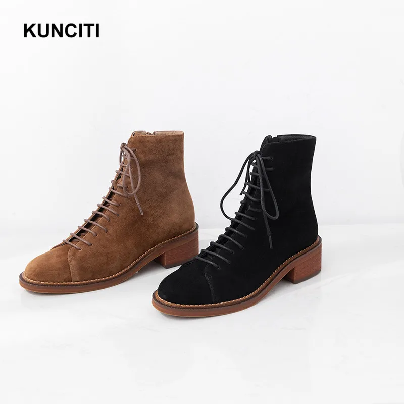 KUNCITI/; коричневые женские ботинки в западном стиле; сезон весна-осень; женские Ботинки martin из замши; Модные женские полусапожки в европейском стиле; D9230