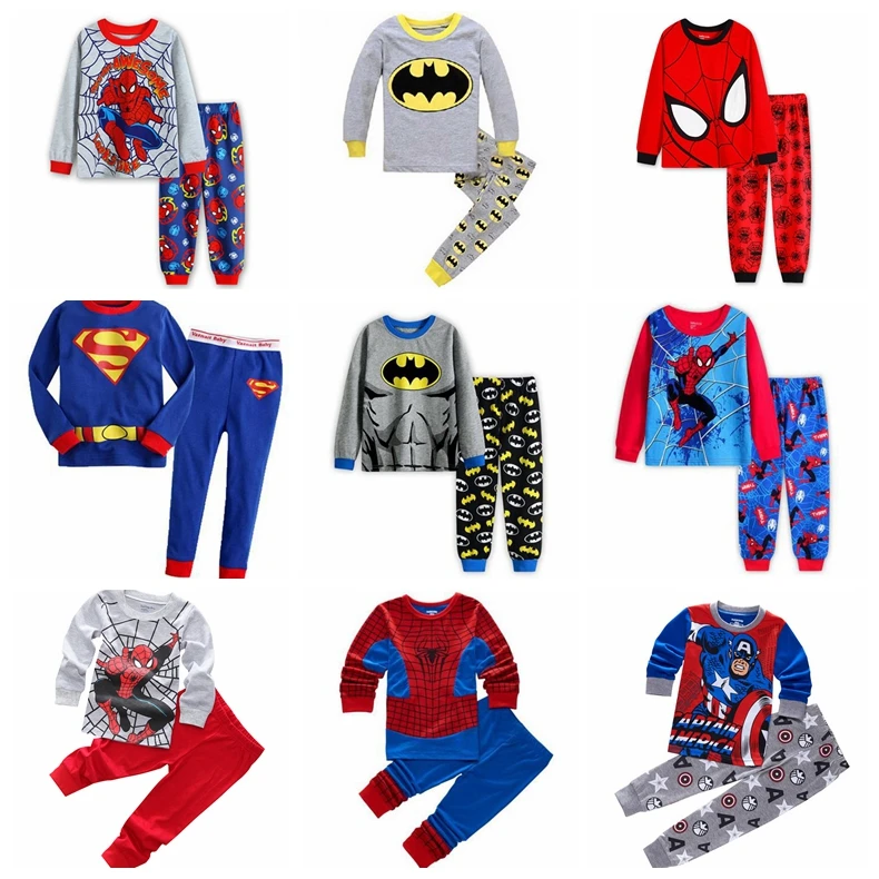 Новое платье для маленьких девочек; пижамный комплект; пижамы для сна для мальчиков и девочек; Пижама с человеком-пауком комплекты детская пижама с символикой Супермена Пижама с Бэтменом детские автомобили ночное От 2 до 7 лет