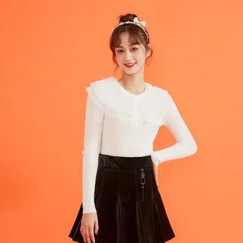 

IEF Spring Women Lace Knit Sweater Fashion Round Neck Long Sleeve Slim Fit Casual Solid Female Pullover Tops 1115A-D16748-