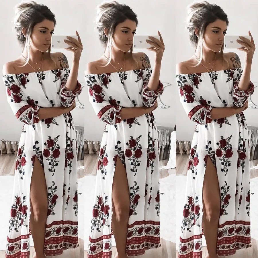 Boho Summer Off Shoulder Beach Dress Women Vintage Floral Printed Long Maxi Dress Half Sleeve Slash Neck Female Vestidos