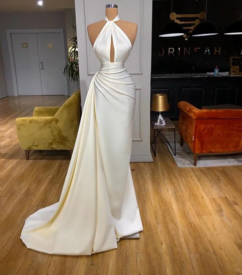 Simple Long Evening Dress 2024 Halter Mermaid African Women White Satin Formal Party Prom Gowns vestidos de fiesta de noche