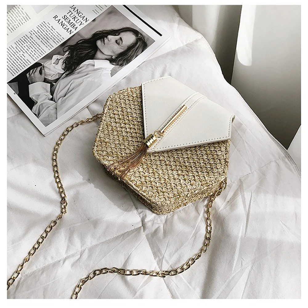 Новая мода шестиугольник Mulit стиль соломы+ PU сумка сумки для женщин Летняя ротанговая сумка ручной работы Тканые - Цвет: Белый