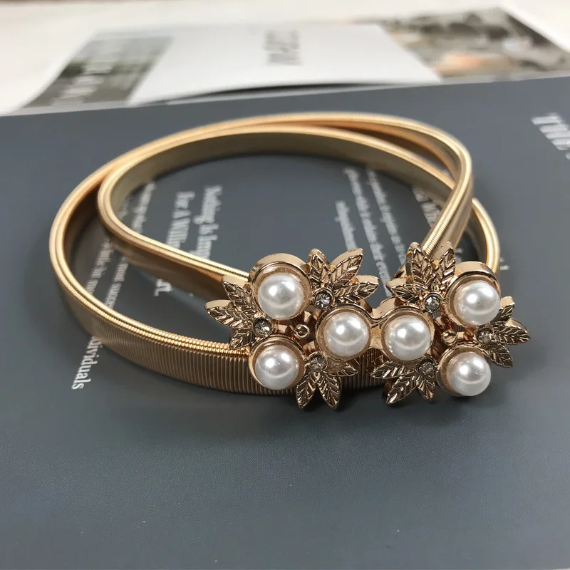 pearl belt gold Женский пояс-цепочка, эластичный, серебристый, золотой, металлический пояс для женщин, легкий ремень без пряжки, стразы, жемчуг, cinturon mujer - Цвет: pearl belt gold