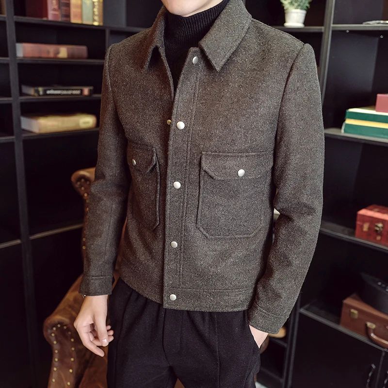 Coffee color AreMoMuWha/ осенне-зимнее шерстяное пальто для мужчин в Корейском стиле; модная однотонная куртка с отворотом - Цвет: Coffee color