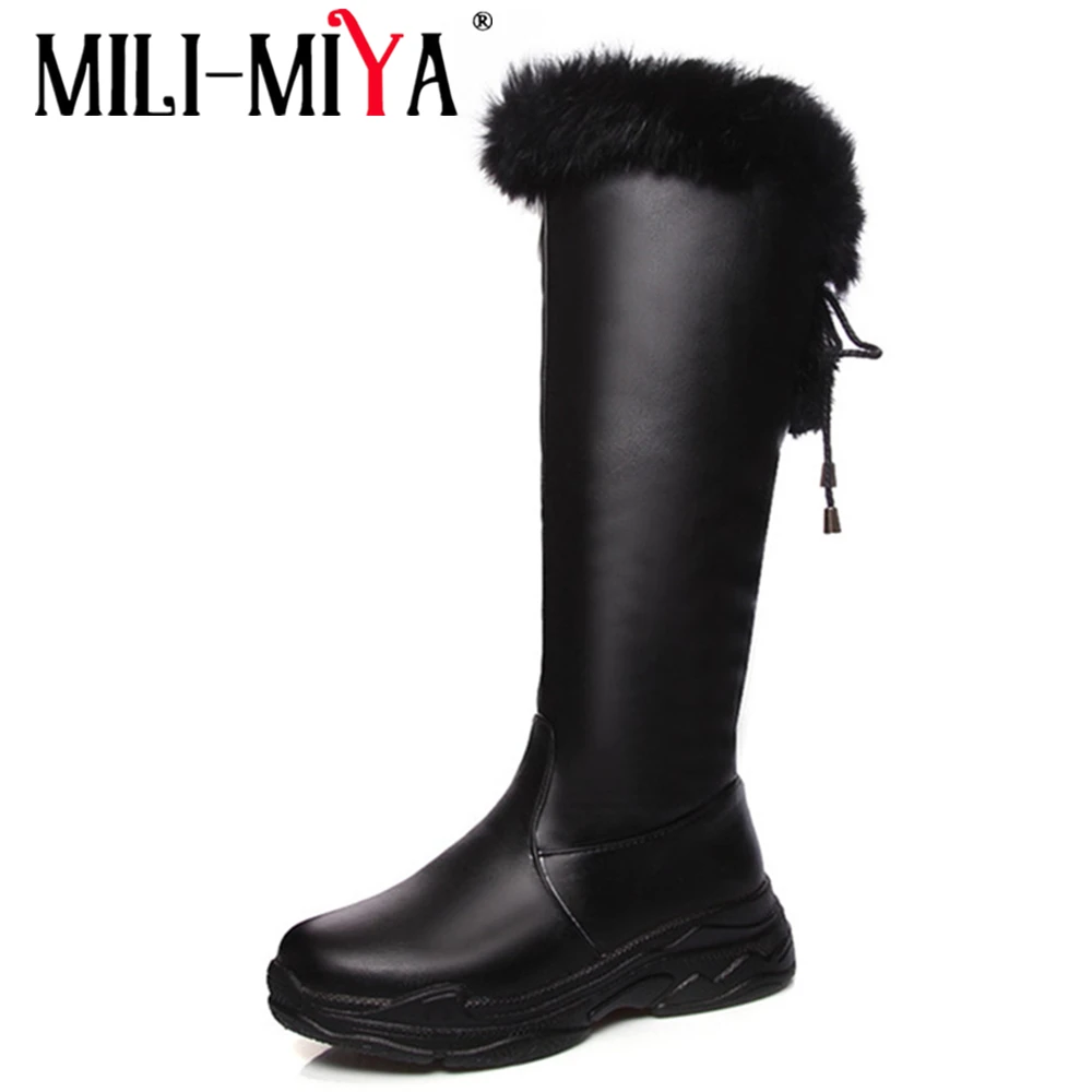 

MILI-MIYA Russia Ladies Snow Boots warm inside winter soft pu leather Knee high boots black Comfortable Platform plus size 35-43