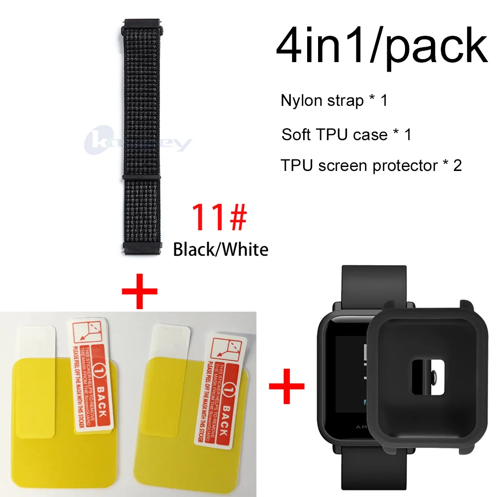 4в1/упаковка нейлоновый ремешок для Xiaomi Huami Amazfit Bip BIT Youth Watch ремешок на запястье браслет Резина Amazfit bip мягкий чехол - Цвет: 11-Black case