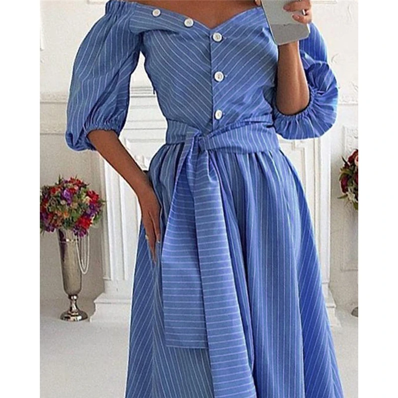 New Fashion Women's Off Shoulder Half Sleeve Pleated Dress V Neck Stripe Midi Dress Ladies Casual Holiday Party Wear Summer