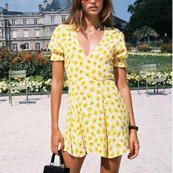 

VERDEJULIAY French Style Sweet Lady A-Line Dresses Women V-neck 2020 Spring New Runway Design Yellow Floral Print Mini Dress