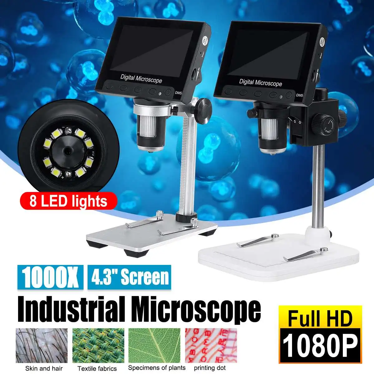 

720/1080P adjustable 1000x 5.0MP DM5 USB Digital Electronic Microscope 4.3LCD Display VGA Microscope with 8 LED Stand for Repair