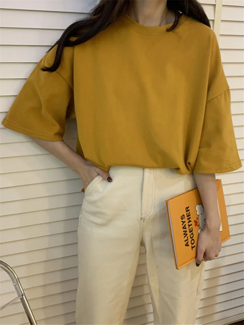 

Basic Women Korean Loose Solid T-shirts High Quality Gentle New Female Short Hot Minimalist Sleeves Tops Simple BF