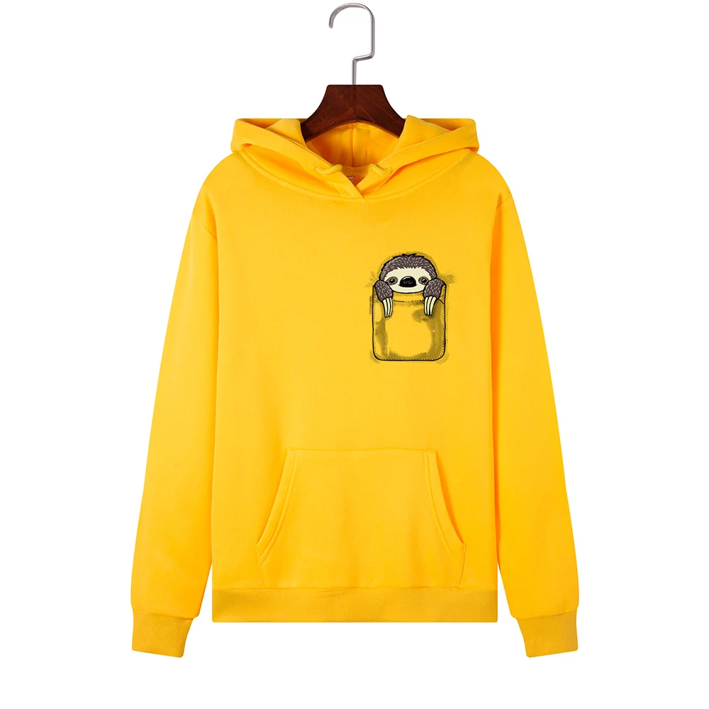 SINGRAIN, Модный женский свитер с капюшоном, с принтом, больше размера, d, с карманами, с рисунком, Ленивец, теплый пуловер, для девушек, большой размер, уличная одежда, толстовки - Color: yellow