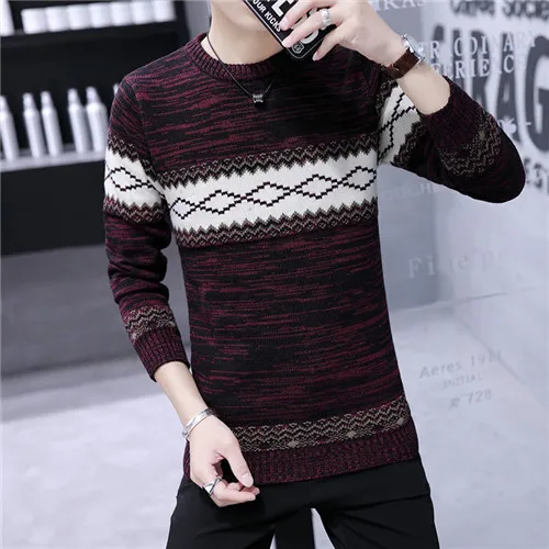 Red wine Мужская мода осень/зима свитер VogueStriped мужские пуловеры с круглым вырезом Трикотажные мужские с длинным рукавом красивые мужские свитера Трикотаж - Цвет: Red wine