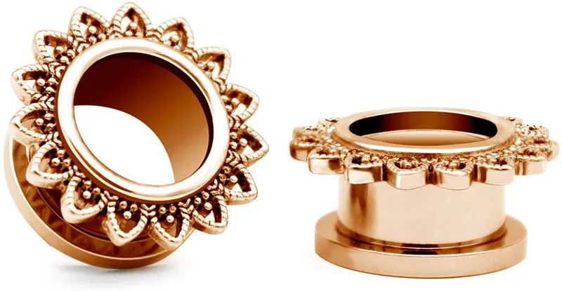 

Ушные манометры для ушей прикрученный расширитель для туннелей затычки носилки цвета розового золота винтажный цветочный дизайн (продается как пара)