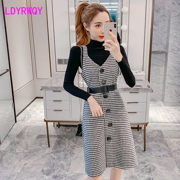 

2019 new autumn and winter models Korean version of the houndstooth suit skirt Button Fly Knee-Length Regular Turtleneck