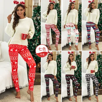 

New Hot Sale Christmas Snowflake Elk Print Home Tights Bottom Pants Ladies Autumn 2019 Fashion Casual Long Pants Female Pant