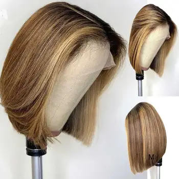 

Short Bob Ombre Color 13*6 Deep Part Lace Front Human Hair Wigs Straight Brazilian Remy Hair Pre-Plucked Wigs For Black Women