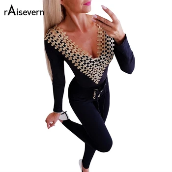 

Raisevern New Women Lace Patchwork Rompers 2019 Sexy Lady V Neck Long Sleeve Backless Bodycon Slim Short Bodysuits