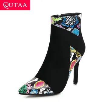 

QUTAA 2021 Snakeskin PU Leather Flock Ankle Boots Pointed Toe Square Heel Autumn Winter Fashion Zipper Women Shoes Size 34-43
