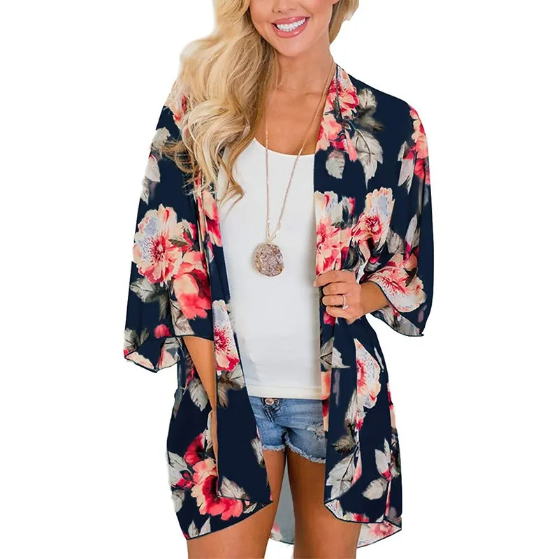 

Women Casual Vintage Kimono Cardigan Ladies Summer Long Crochet Chiffon Kimono Print Loose Flora Printed Blouse Tops