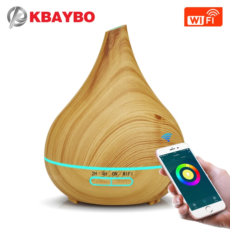 

KBAYBO 400ML aromatherapy apparatus with wood grain LED light household Bedroom use WIFI model with bevel nozzle humidifier