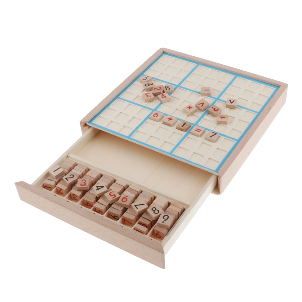 Деревянный пазл Sudoku с деревянным номером и мышления плитки, 9 гриб, 8,78x8,78x1,38 дюймов, синий
