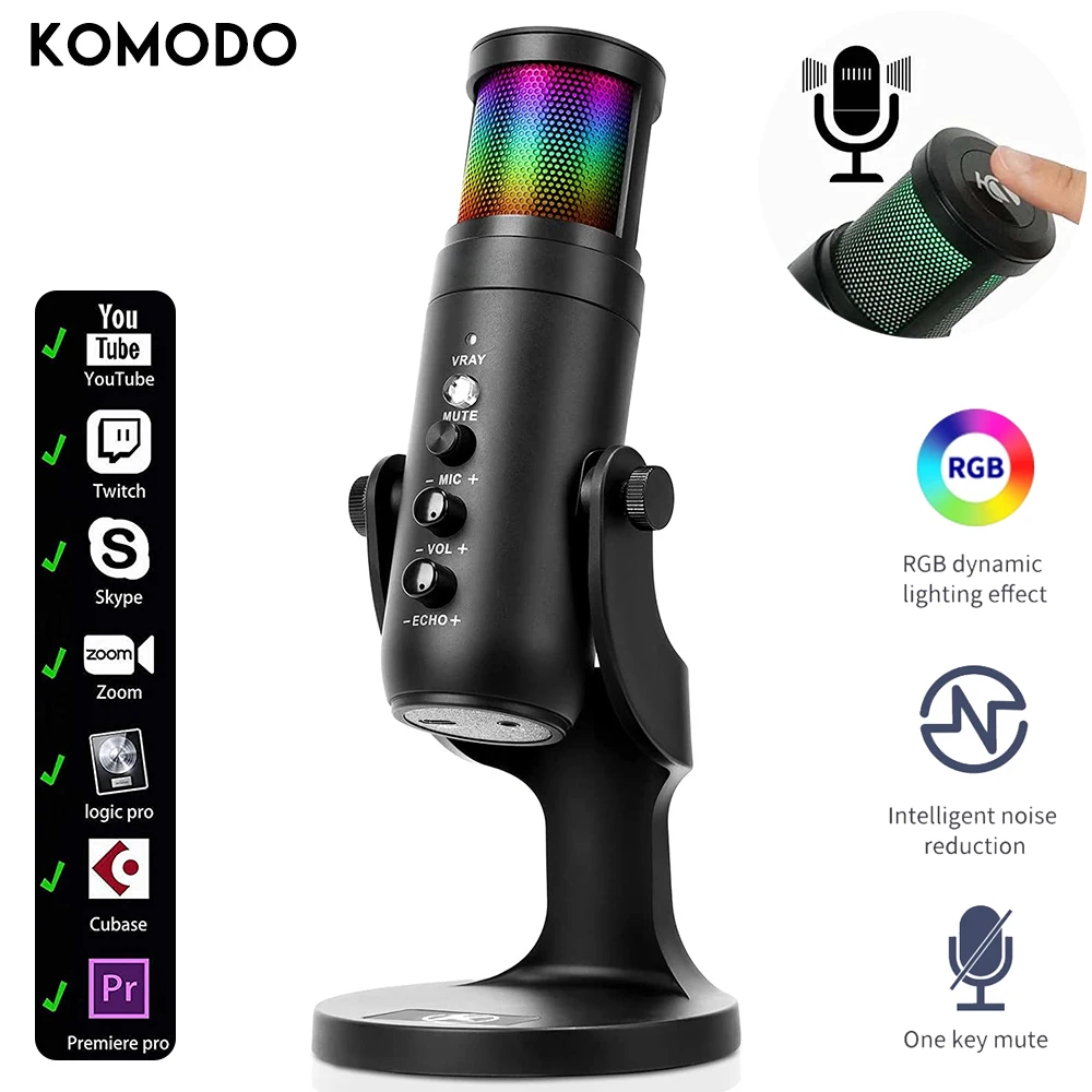 Профессиональный конденсаторный микрофон RGB для iPhone Android ПК ноутбука телефона