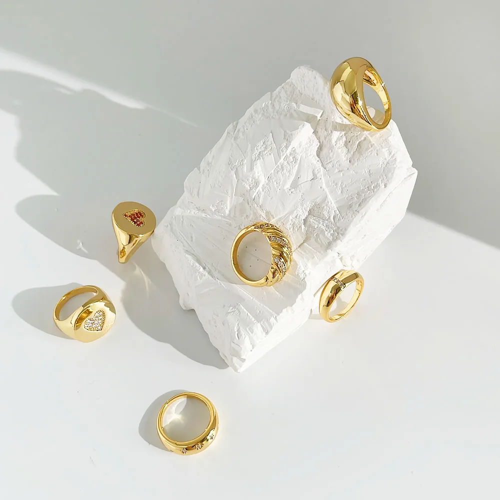 Peri'sBox Wholesale Gold Color Brass Jewellery Minimalist Chunky Ring Sets For Women Classsic Heart Geometric Micro Zircon Rings - Image 2