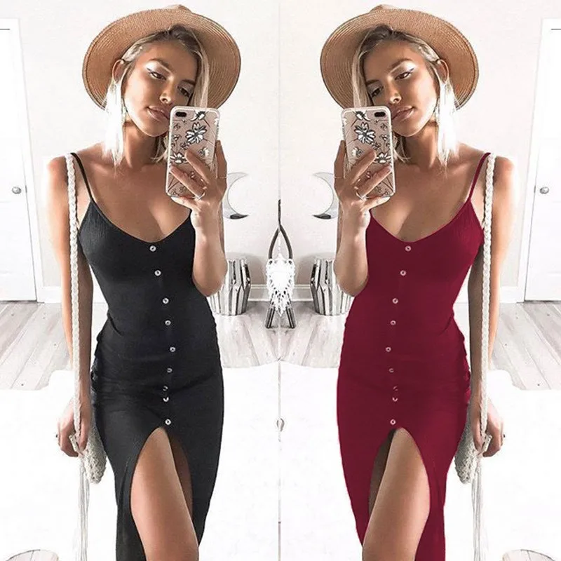 

Women's Button Dress 2019 New Sexy Sling Button Front Split Dress Simplee Elegant Button Women's Dress Tight Sleeveless Dress