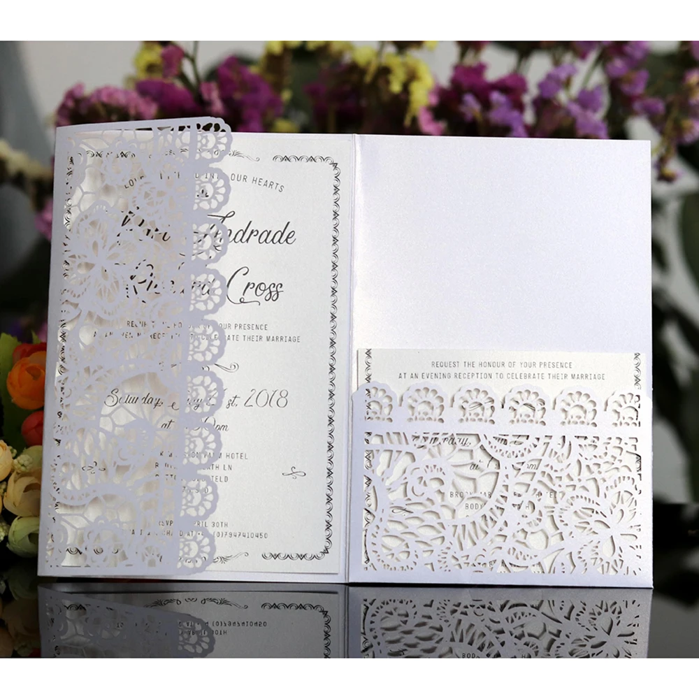 10 pieces Romantic Wedding Invitation Card Delicate Carved Small floral Pattern laser cut lace wedd - 4000400458962
