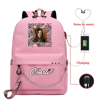 

Girls Backpack Fashion Teenager Bookbag Charli D'Amelio Printing Canvas USB Charge Backpack Laptop Travel Female Mochila