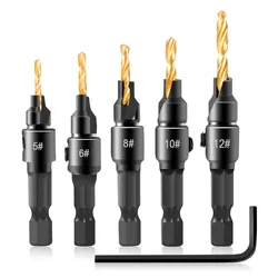 Juego de brocas avellanadas para carpintería, herramientas de madera, broca, piloto con huecos, vástago hexagonal, tamaño de tornillo #5 #6 #8 #10 #12, con llave, 5 uds.