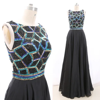 

MACloth Black A-Line O Neck Floor-Length Long Beading Tulle Prom Dresses Dress M 269190 Clearance