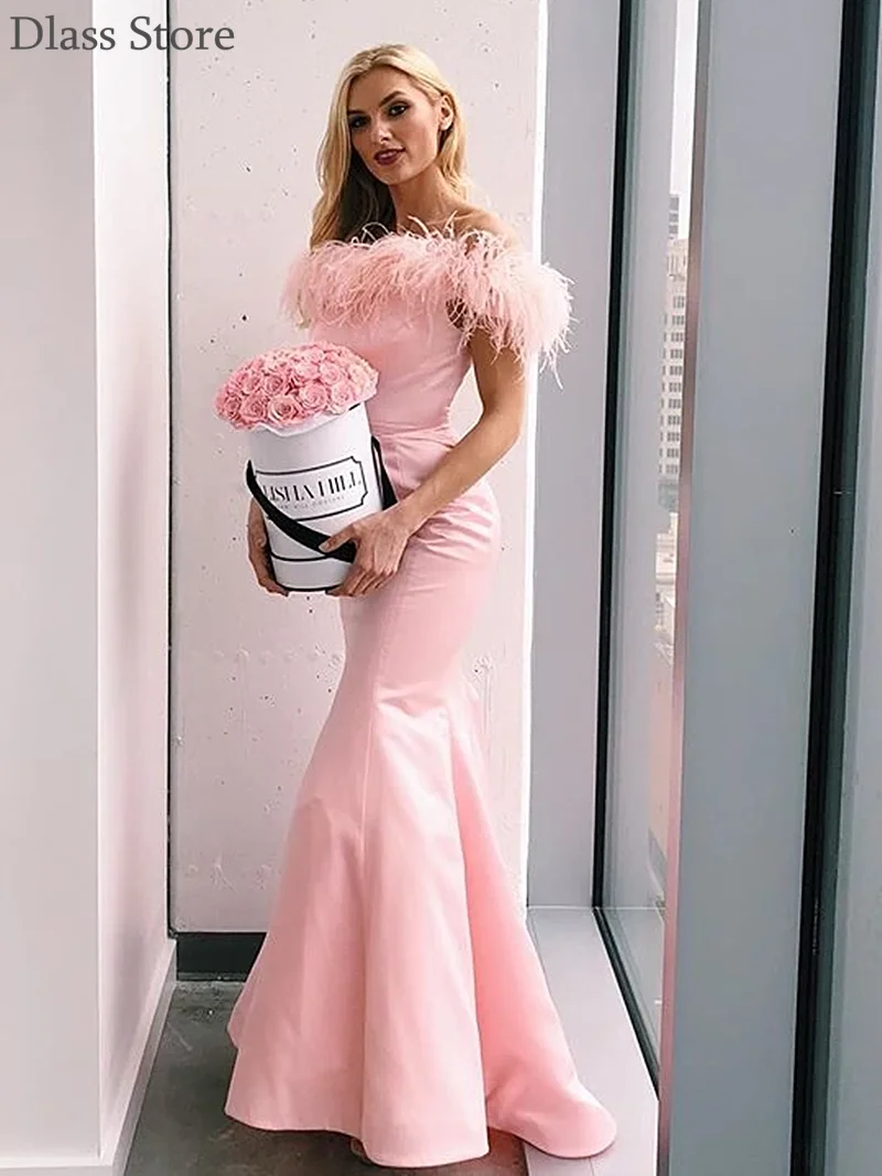 

Rose Pink Prom Dress Mermaid Satin Sexy Off Shoulder Feather Boat Neck Floor Length Elegant Evening Dress вечернее платье 2020