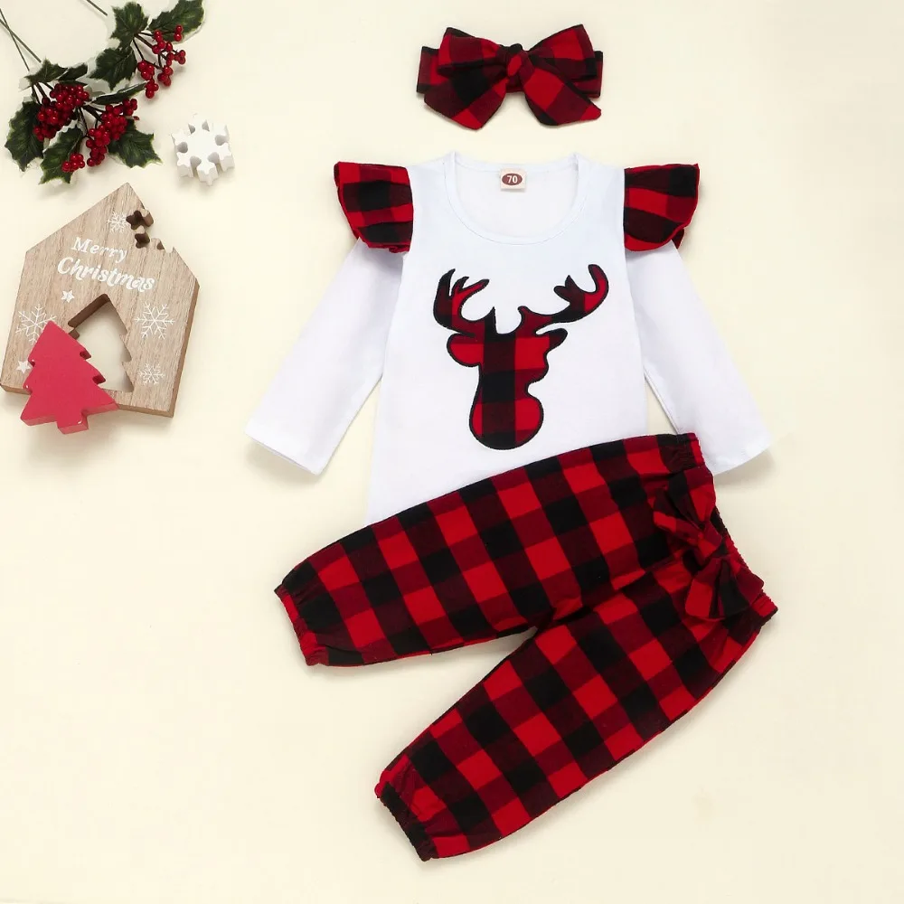 Christmas Baby Boy Girls Costume Clothes set Cotton Reindeer Long sleeve Top+ Pant+ Headband 3PC Outfits