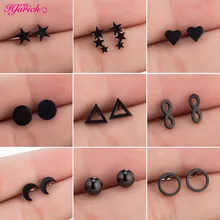 Hfarich, геометрические серьги-гвоздики из нержавеющей стали для женщин и мужчин, черные серьги, маленькие круглые серьги в форме сердца и звезды, серьги для пирсинга
