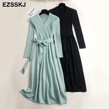 Otoño Invierno cuello pico maxi suéter vestido mujer OL mujer largo suéter vestido con cinturón elegante a-line sólido delgado vestido(China)