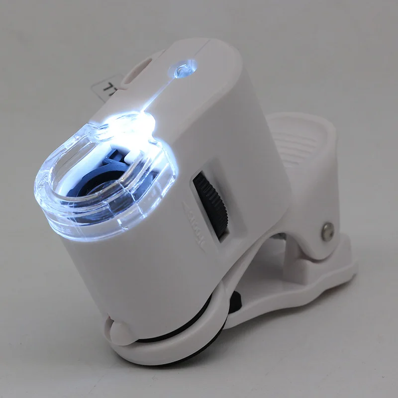 Universal Clip Microscope 60X LED Jewelry Magnifying Glass Focusing Adjusted Pocket Microscope with Cell Phone Clip UV Light